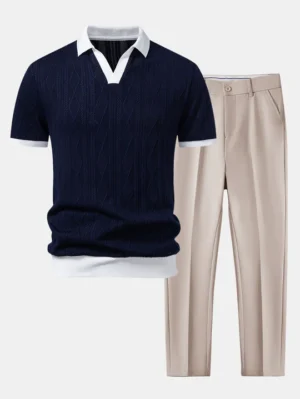 Polo en maille jacquard géométrique contrastée et pantalon fuselé