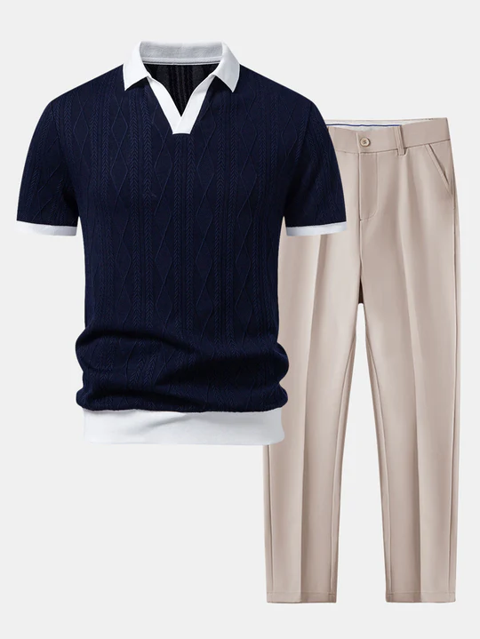 Polo en maille jacquard géométrique contrastée et pantalon fuselé