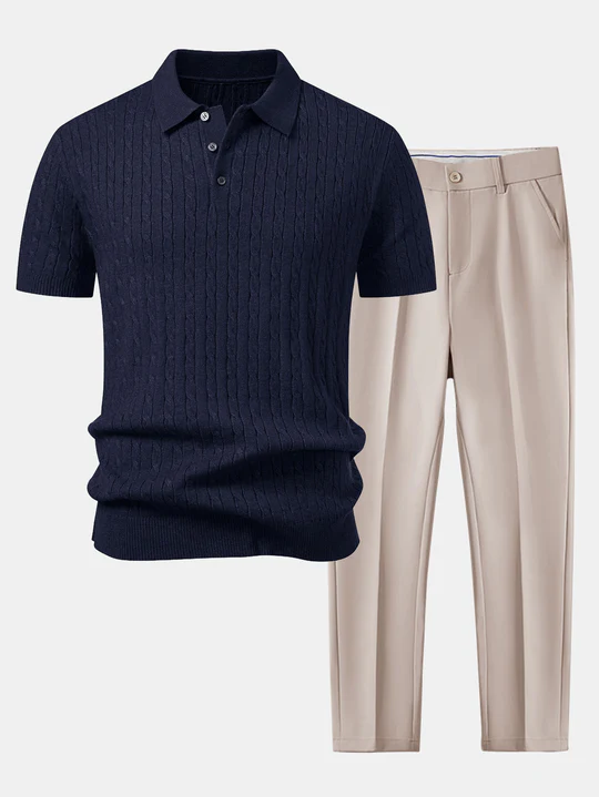 Polo en maille jacquard torsadée et pantalon fuselé coupe slim