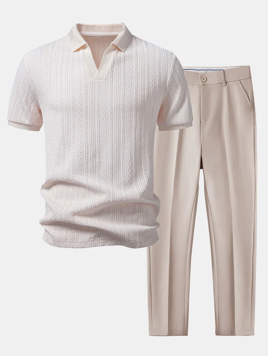 Polo en maille jacquard géométrique contrastée et pantalon fuselé