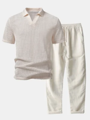 Polo à col V crocheté coupe décontractée et pantalon droit en lin