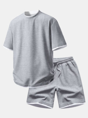 Ensemble Relax Fit 2 en 1 : T-shirt à col rond gaufré et short gaufré 7 pouces