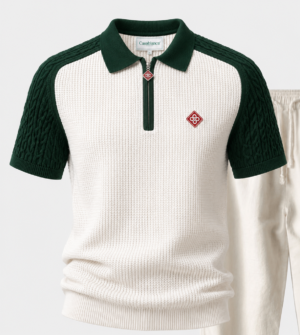 Green Casablanca Waffle Knit Zip Polo