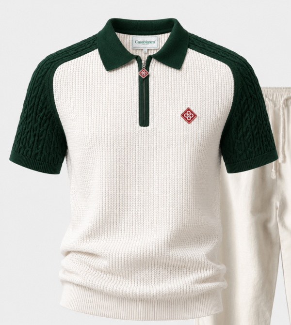Green Casablanca Waffle Knit Zip Polo