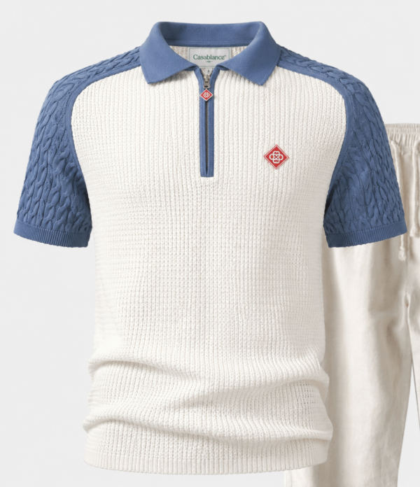 Blue Casablanca Waffle Knit Zip Polo