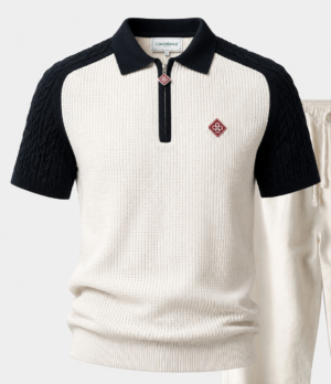 Black Casablanca Waffle Knit Zip Polo