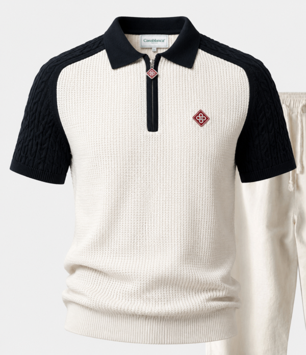 Black Casablanca Waffle Knit Zip Polo