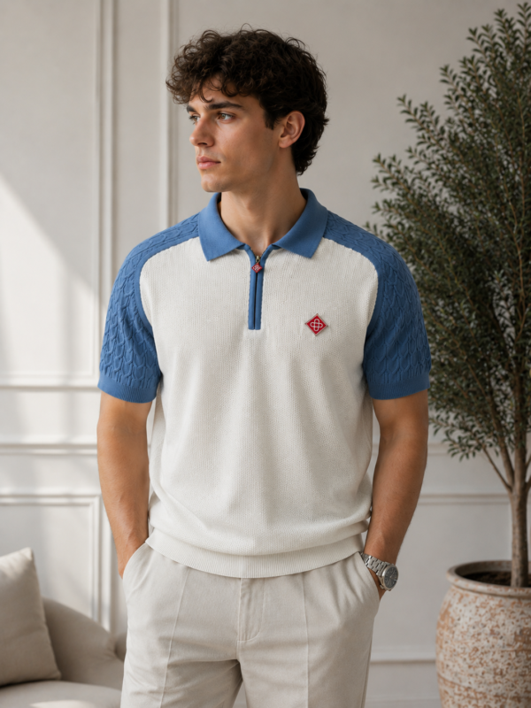 Blue Casablanca Waffle Knit Zip Polo