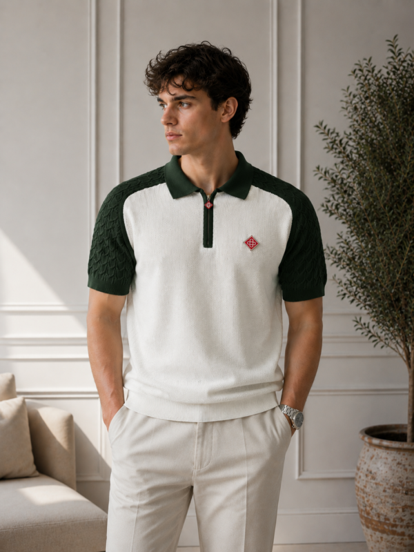 Green Casablanca Waffle Knit Zip Polo