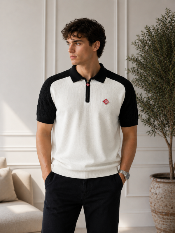 Black Casablanca Waffle Knit Zip Polo