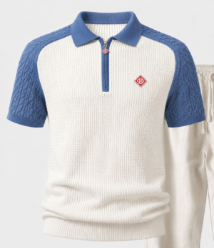 bern casa Blue Blue Casa Waffle Knit Zip Polo